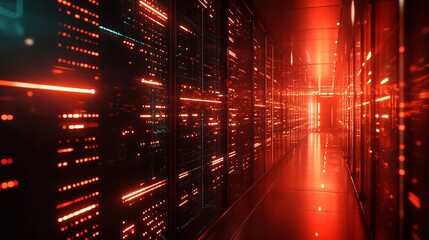 Obraz premium Red Illuminated Server Room Digital Technology Network Data Center web dark cyber cloud light lines 