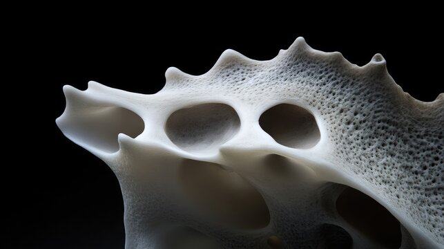 Close-up 3D rendering of a white porous bone structure representing trabecular tissue or biomaterial against a black background.