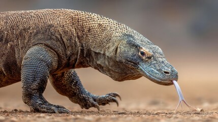Fototapeta premium Komodo Dragon Close-up: Ancient Predator Tasting the Air, Dry Habitat