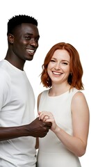 A smiling, diverse couple celebrates an engagement, holding hands and showing an engagement ring.