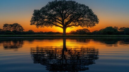 Tranquil Sunrise over Water with Majestic Tree