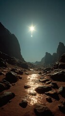 Alien landscape with a  sunlit rocky riverbed