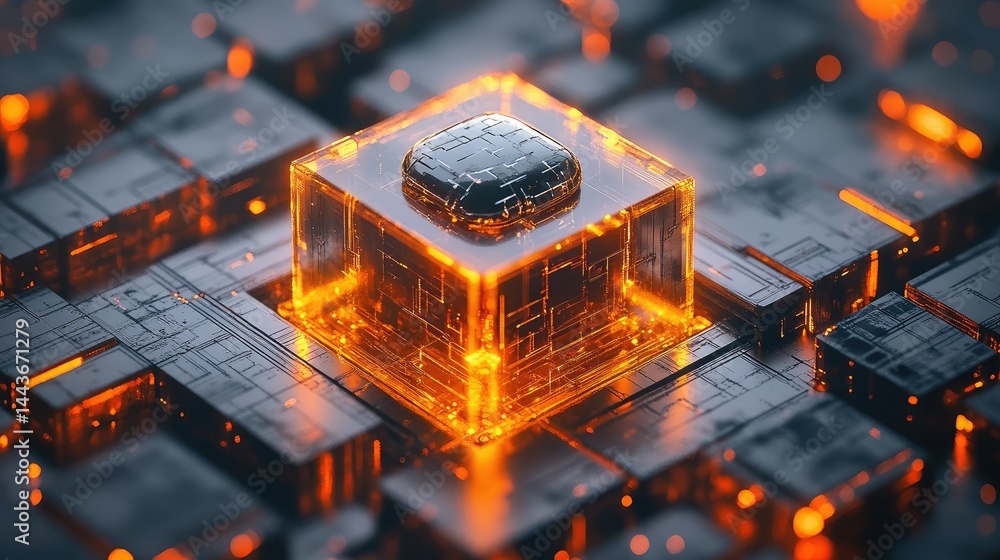 Aufkleber high-tech glowing cube in a complex circuit