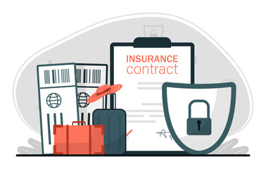 Travel health insurance. Life protection and security of property from damage and accident. Traveling with luggage, airplane tickets. Safe vacation and tourism. Flat isolated vector illustration.