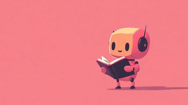 Cute cartoon robot character reading a book on a pink background, symbolizing learning and future technology.