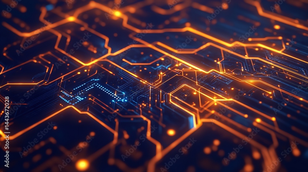 Poster abstract digital circuit board glowing orange lines technology background futuristic data grid high