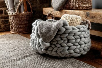 Obraz premium Chunky knit basket in light grey on pinewood bench in a Nordic mudroom