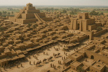 Stunning digital reconstruction showing an aerial perspective of a vibrant ancient Sumerian city with its central ziggurat, traditional mudbrick homes, and daily marketplace activity