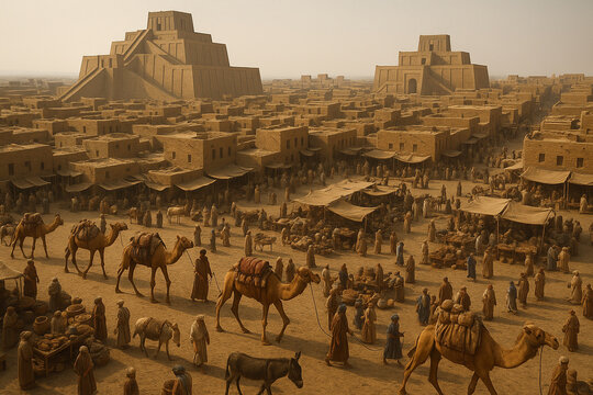 Elevated view capturing the vibrant daily life of an ancient Sumerian-Akkadian marketplace, bustling with people, camels, donkeys, trade stalls, and traditional mudbrick architecture