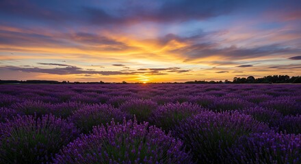 Lavender Field at Sunset with Colorful Sky and Blooming Flowers
