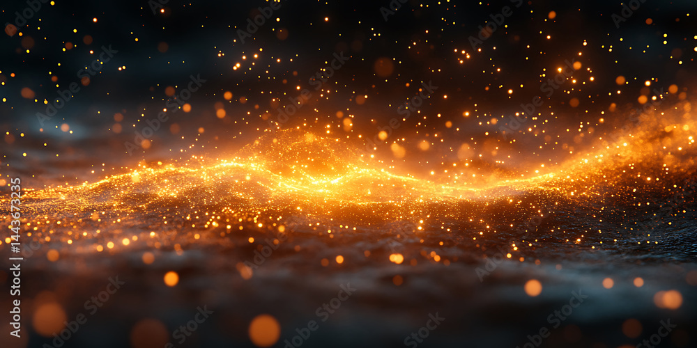 Poster abstract golden sparkles wave background with bokeh effect beautiful glowing particle stream on a da