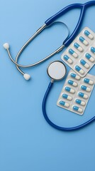 Stethoscope and medication placed on a light blue background showcasing healthcare tools for medical professionals