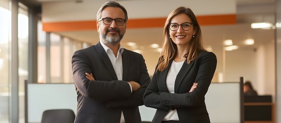Portrait of two business people standing in an office , infused with gentle warmth