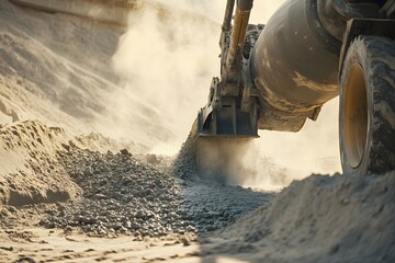 Pouring fresh concrete from a concrete mixer at a construction site with sand background , exuding modern sophistication