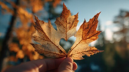 Autumn leaf with heart-shaped cutout held in hand