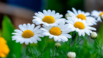 Fototapeta premium Blooming chamomile flowers with white petals and yellow centers in summer garden