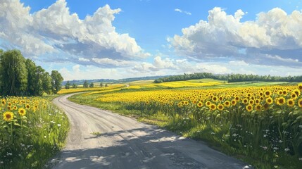 Sunflowers, Country Road, Summer Landscape, Blue Sky