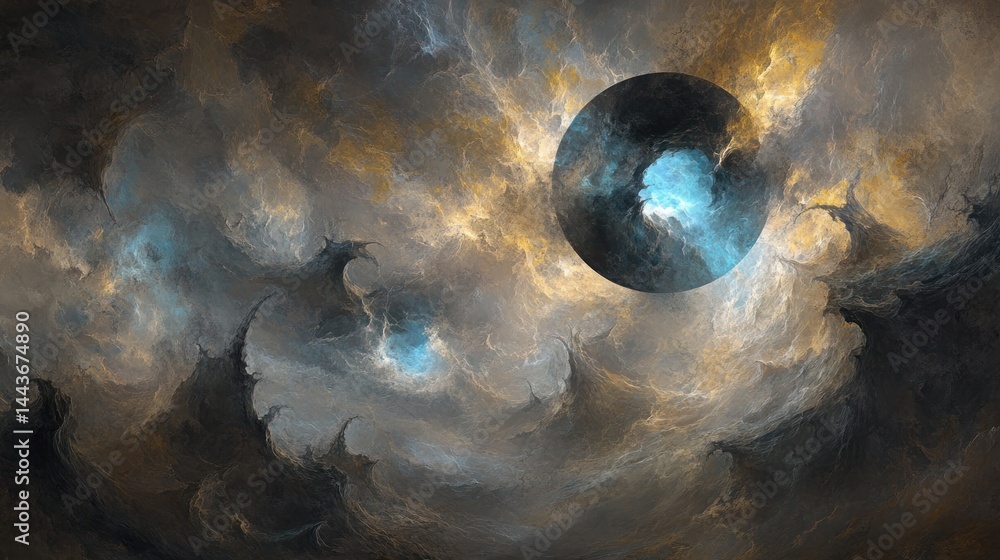 Poster abstract fractal landscape with celestial orb