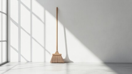 Wooden Broom in Sunlit Minimalist Room Interior