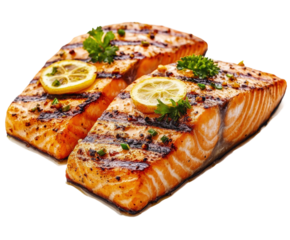 Grilled salmon with lemon kitchen food bright lighting isolated on transparent background