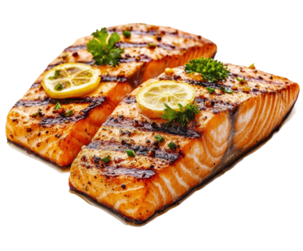 Grilled salmon with lemon kitchen food bright lighting isolated on transparent background