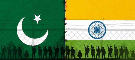 India-Pakistan Border Tension Soldiers, Flags, and Geopolitical Conflict in Photorealistic Dramatic Imagery
