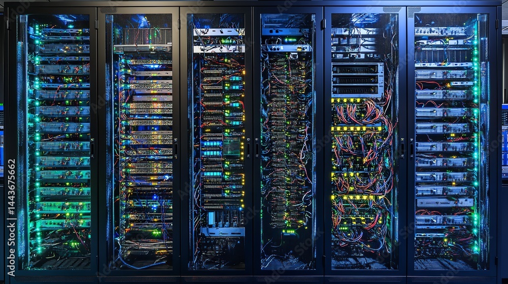 Poster advanced data center server room technology network infrastructure web rack blue dark high green