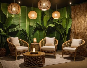 Cozy tropical seating area with natural decor, featuring rattan chairs and lush greenery.