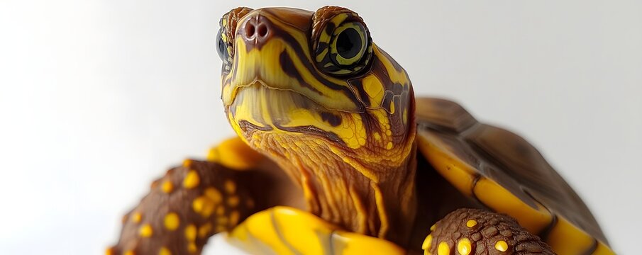 Yellow and brown turtle looks forward with patterned skin