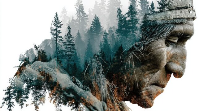Double exposure of Haudenosaunee peacekeeper with a forest, symbolizing peace