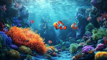 Obraz premium Clownfish nestled in a sea anemone on a vibrant coral reef in the tropical ocean, captured in an underwater scene.