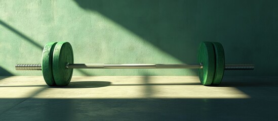 Barbell with green weights against a green wall bathed in light and shadows