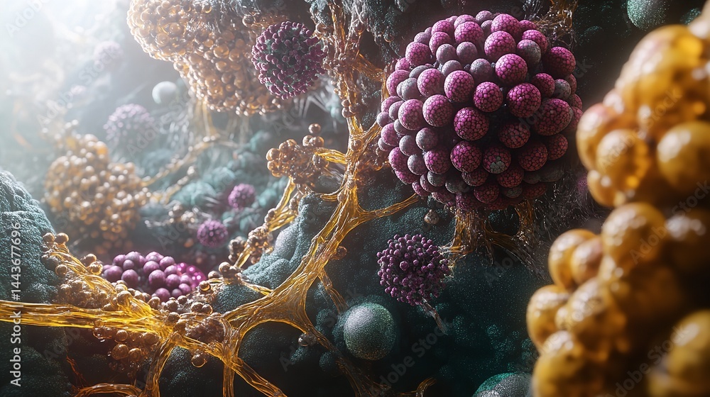 Poster abstract microscopic cellular structure golden purple teal 3d render art image forms design colors