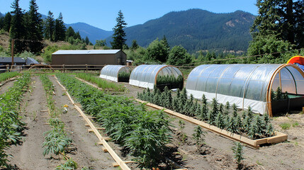 Obraz premium Hemp plants grow in rows under protective coverings on a rural farm, mountains in the background; ideal for agriculture or farming articles