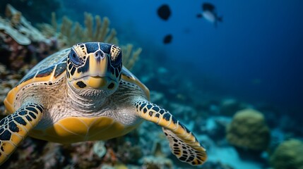 Obraz premium The Hawksbill sea turtle, the most beautiful resident of Cozumel Island's coral reefs, gliding gracefully through the vibrant underwater ecosystem.