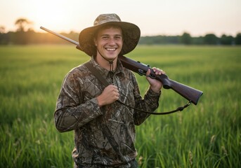Fototapeta premium A cheerful hunter posing outdoors with a rifle, wearing camouflage in a grassy field at sunset.