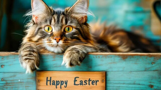 Curious cat resting on rustic table with "happy easter" sign in a cozy setting