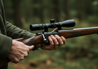 A detailed shot of a rifle with a scope held by a man in a natural forest setting.