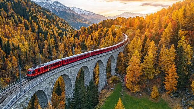 Aerial view of the red Bernina Express train crossing the Kreisviadukt (Brusio Spiral Viaduct) in the Swiss Alps during sunset in autumn. The scene includes top views of the train