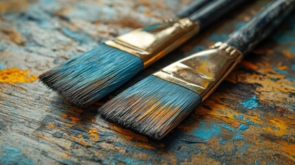 Fototapeta premium Used art brushes on a colorful painted wooden surface