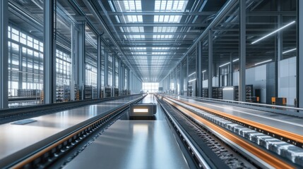 Fototapeta premium Futuristic Factory Conveyor System: Automated Production Line in Modern Industrial Facility