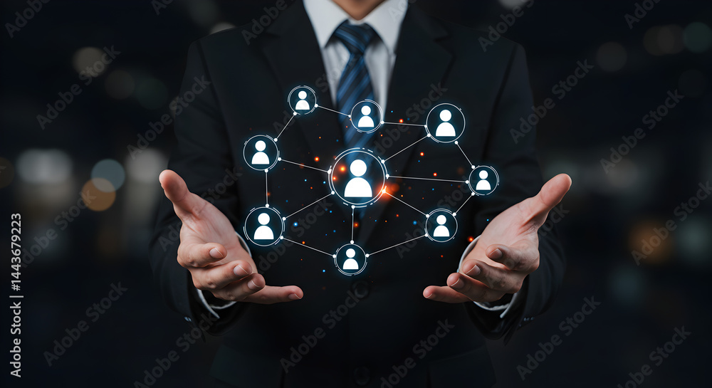 Poster business man holding social network connection structure concept networking digital marketing techno