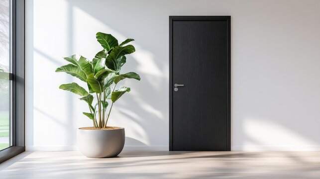Modern black door on a white wall next to a large green potted houseplant in a minimalist interior with bright sunlight.