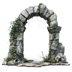 Ancient Stone Archway Ruins with Overgrown Ivy and Plants
