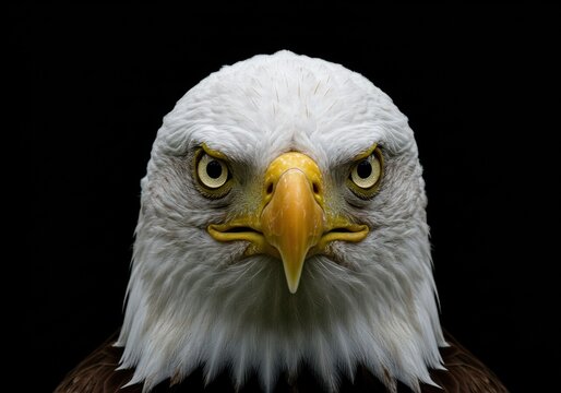A stunning, close-up shot capturing the intense gaze of a majestic bald eagle on a black background. - Powered by Adobe