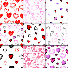 Set of seamless pattern of hand drawn hearts. collection scribble markers heart symbol isolated on white background. Vector illustration for print, scrap booking, graphic design, web and other.