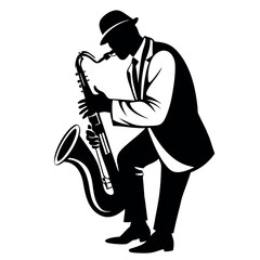 Naklejka premium Black and white vector illustration of a silhouette of a man in a hat, suit and tie playing the saxophone.