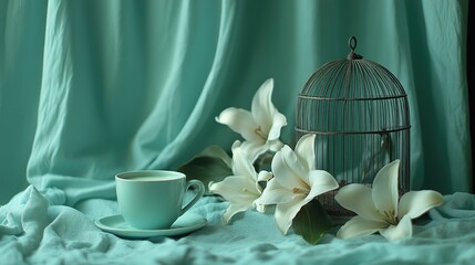 Teal fabric backdrop, white lilies, antique cage, still life