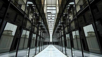 Modern glass corridor repeating reflections infinite depth symbolizing architecture design geometry abstract art