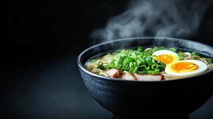   A steaming bowl of ramen topped with a perfectly cooked egg